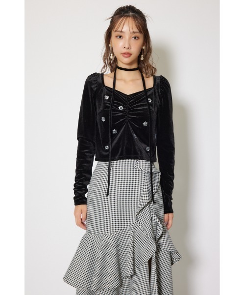 rienda（リエンダ）の「チョーカーセットフラワービジューベロアトップス 秋服 冬服（Tシャツ/カットソー・レディース・ブラック/ライトピンク/グレー・FREE）」の14枚目の写真