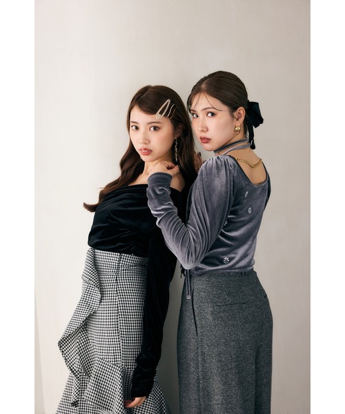 セール】チョーカーセットフラワービジューベロアトップス 秋服 冬服