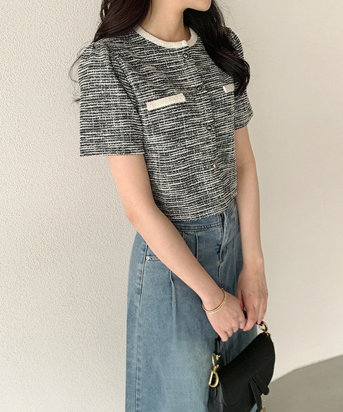 by LEGNA(バイレグナ)の「ツイードクロップド半袖ジャケット(その他アウター・レディース・ブラック/ホワイト・FREE)」の4枚目の写真
