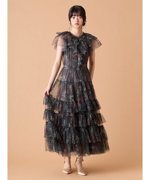 LILY BROWN（リリーブラウン）の「ボタニカルチュールティアードドレス（ドレス・レディース・ベージュ/チャコールグレー・1/0）」の2枚目の写真