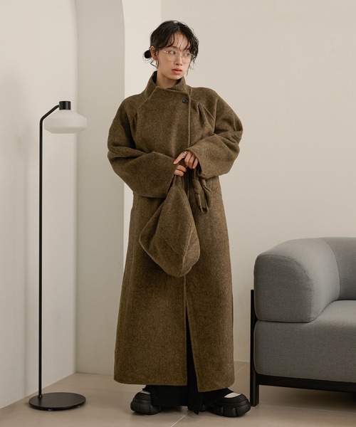 stand collar wrap belted long coat /スタンドカラーラップベルト付き