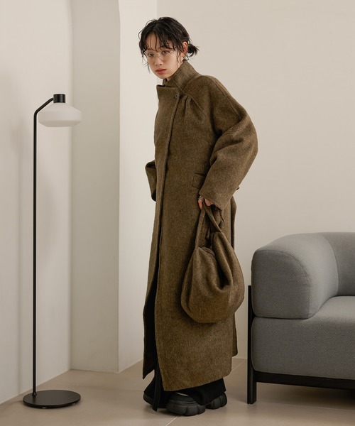 stand collar wrap belted long coat /スタンドカラーラップベルト付き