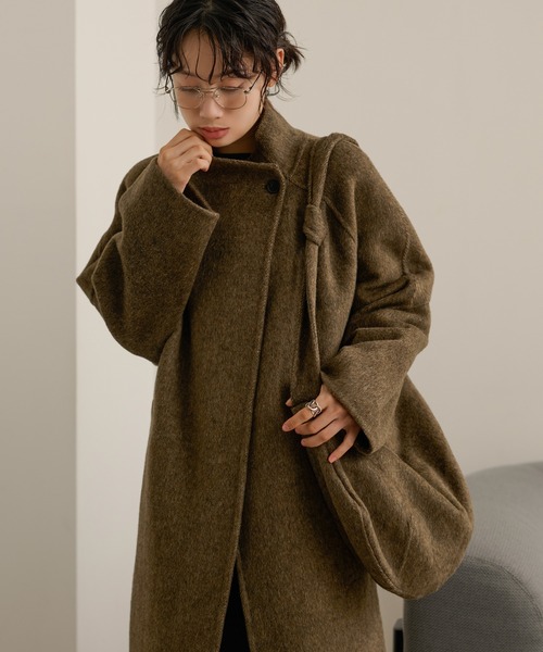 stand collar wrap belted long coat /スタンドカラーラップベルト付き