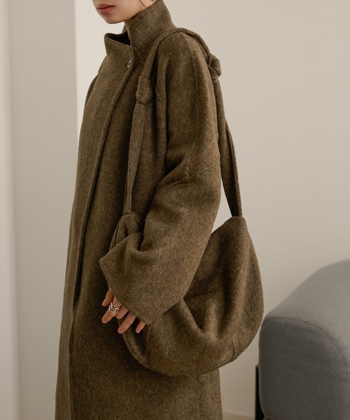 stand collar wrap belted long coat /スタンドカラーラップベルト付き