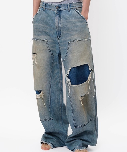 MASONPRINCE ワイドレッグデニム ライトブルー ダメージ加工