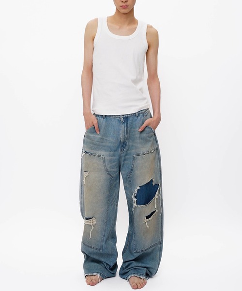 セール】ルーズフィット ダブルニー ダメージ加工 デニムパンツ