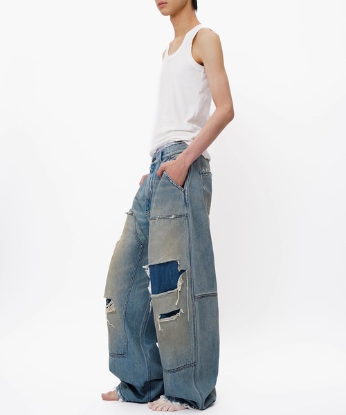 セール】ルーズフィット ダブルニー ダメージ加工 デニムパンツ