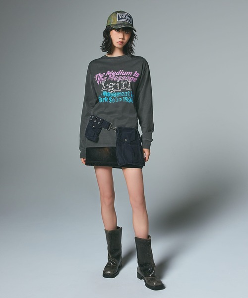 X-girl（エックスガール）の「FLOCKED DENIM MINI SKIRT（デニムスカート・レディース・ブラック/インディゴブルー・S/M）」の8枚目の写真