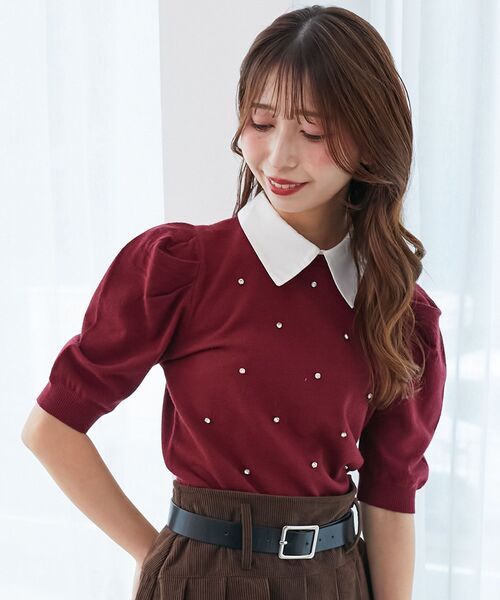 MAJESTIC LEGON（マジェスティックレゴン）の「2way襟付きビジューニット（ニット/セーター・レディース・ブラック/グレー/アイボリー/ボルドー・MEDIUM）」の4枚目の写真