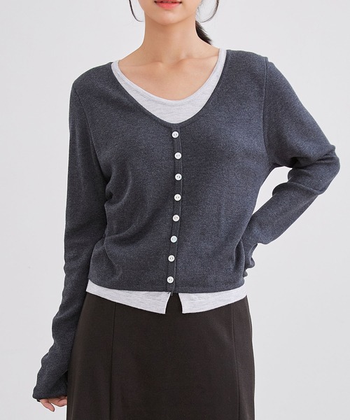 Lace Ladies(レースレディース)の「Vネック 配色 レイヤード風 ニット プルオーバー(ニット/セーター・レディース・ブラック/ダークグレー/ライトグレー/ブラウン・FREE)」の1枚目の写真