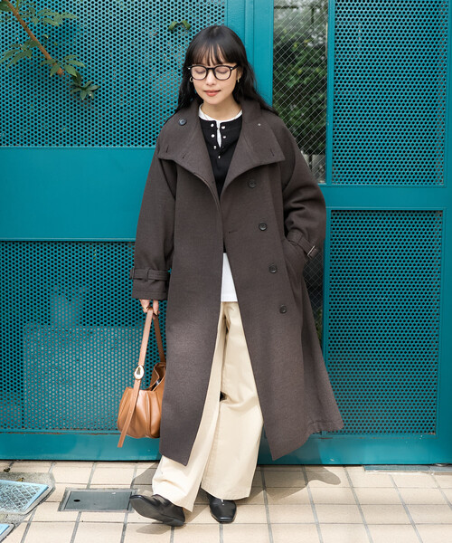 FREAK'S STORE(フリークスストア)の「ウーリー ハイネックロングコート(ステンカラーコート・レディース・ネイビー/ブラック/ブラウン・フリ-)」の6枚目の写真