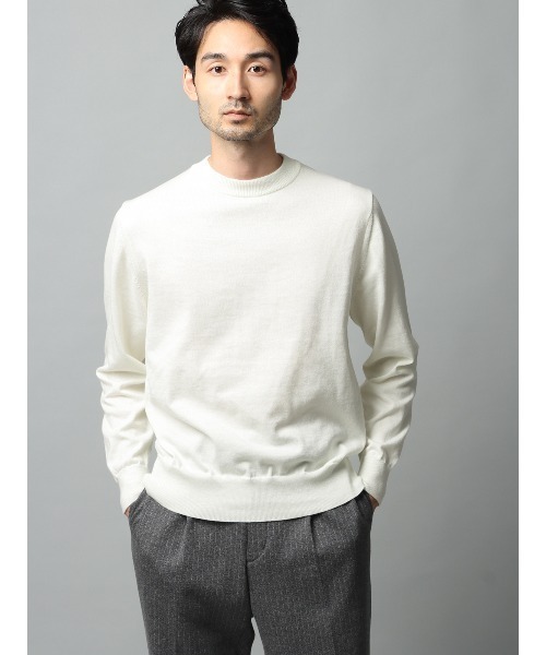 SUIT SQUARE（スーツスクエア）の「クルーネックニット 長袖 ウォッシャブル オーガニックコットンブレンド天竺 無地（ニット/セーター・メンズ・グレー系/ホワイト系/ブラック系/ネイビー系・S/M/L/LL）」の2枚目の写真