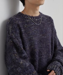 モヘアタッチ ミックスカラー クルーネック シャギーニットネイビー系
