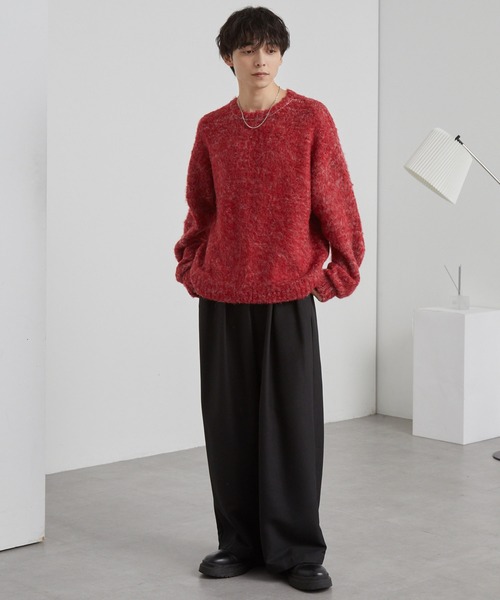 セール】モヘアタッチ ミックスカラー クルーネック シャギーニット