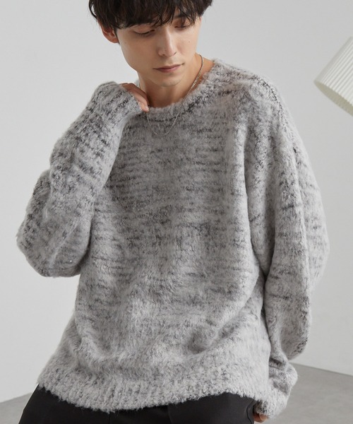 美品✨現行✨BATONER モヘア シグネチャークルーネックニット　グレー モヘアタッチ ミックスカラー クルーネック シャギーニット MONO-MART