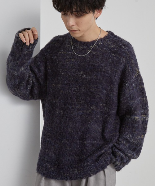 モヘアタッチ ミックスカラー クルーネック シャギーニット MONO-MART