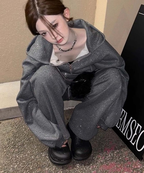 セール】上下セットアップ キラキラフードスウェットパーカー