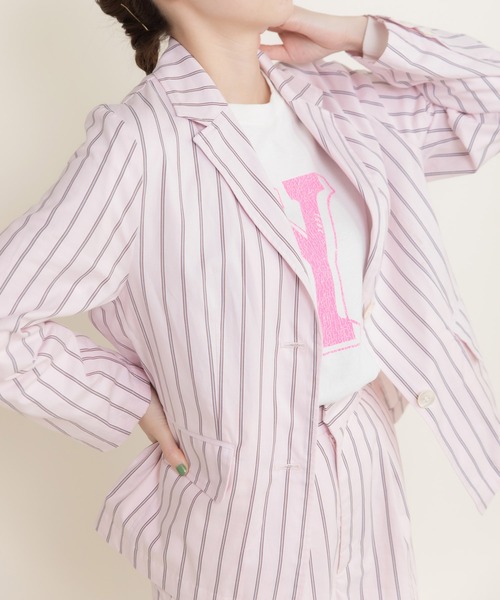 CHILD WOMAN（チャイルドウーマン）の「40/-オックスマルチストライプ ダブルテーラードジャケット(セットアップ対応)（テーラードジャケット・レディース・ピンク・FREE）」の3枚目の写真