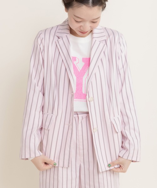 CHILD WOMAN（チャイルドウーマン）の「40/-オックスマルチストライプ ダブルテーラードジャケット(セットアップ対応)（テーラードジャケット・レディース・ピンク・FREE）」の2枚目の写真