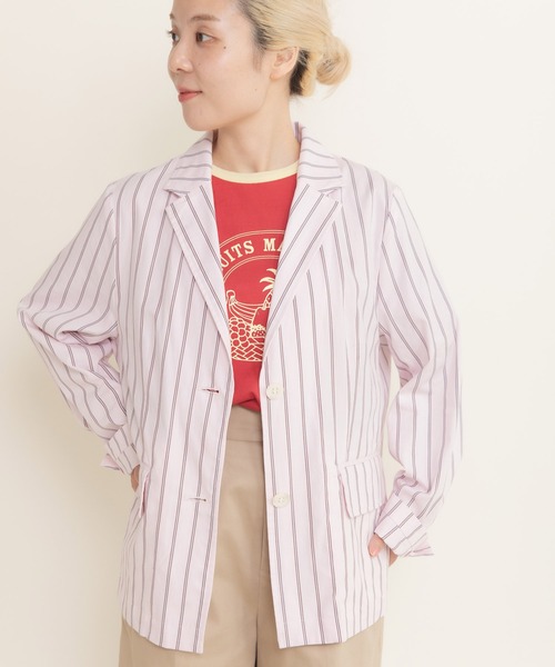 CHILD WOMAN（チャイルドウーマン）の「40/-オックスマルチストライプ ダブルテーラードジャケット(セットアップ対応)（テーラードジャケット・レディース・ピンク・FREE）」の10枚目の写真
