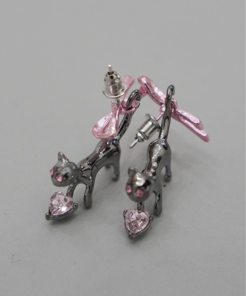 IMARI / イマリ 】 ピンクリボン黒猫 チャーム ピアス（ピアス（両耳用