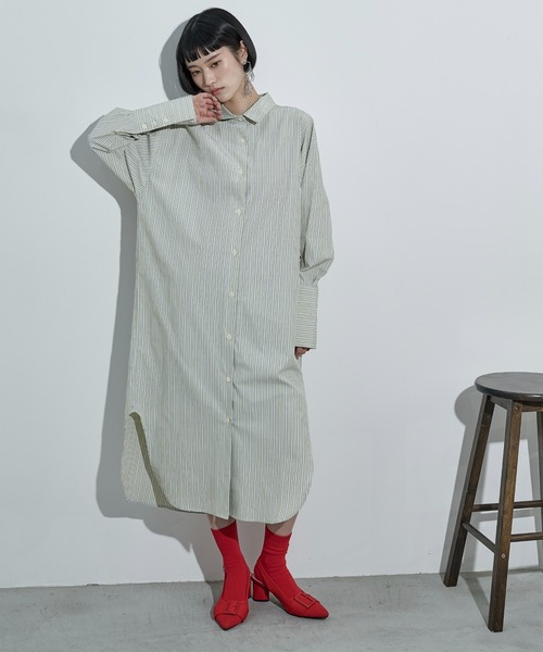 THE YOn(ザヨン)の「ラウンドヘムストライプシャツワンピース(シャツワンピース・レディース・ライム/ブラウン/チャコールグレー・FREE)」の3枚目の写真