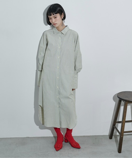 THE YOn(ザヨン)の「ラウンドヘムストライプシャツワンピース(シャツワンピース・レディース・ライム/ブラウン/チャコールグレー・FREE)」の7枚目の写真