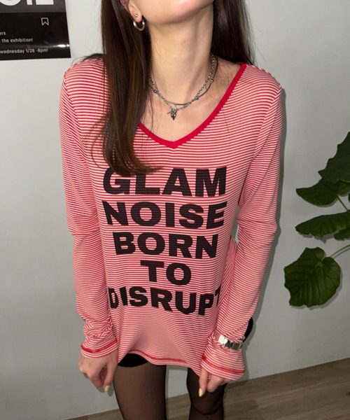 SHAGGIE（シャギー）の「Vネック細ボーダーロゴロンTEE（Tシャツ/カットソー・レディース・グリーン/レッド/グレー/ブラック・FREE）」の18枚目の写真