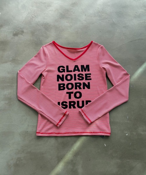 SHAGGIE(シャギー)の「Vネック細ボーダーロゴロンTEE(Tシャツ/カットソー・レディース・グリーン/レッド/グレー/ブラック・FREE)」の13枚目の写真