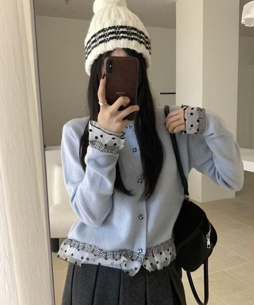CANVAS+(キャンバスプラス)の「【CANVAS+】クロップド丈チェック×ドットフリルニットカーディガン(カーディガン/ボレロ・レディース・ホワイト/ライトグレー/サックスブルー/グレー・M)」の19枚目の写真