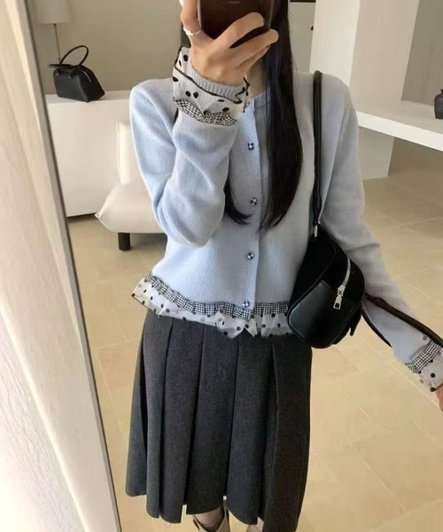 CANVAS+(キャンバスプラス)の「【CANVAS+】クロップド丈チェック×ドットフリルニットカーディガン(カーディガン/ボレロ・レディース・ホワイト/ライトグレー/サックスブルー/グレー・M)」の20枚目の写真