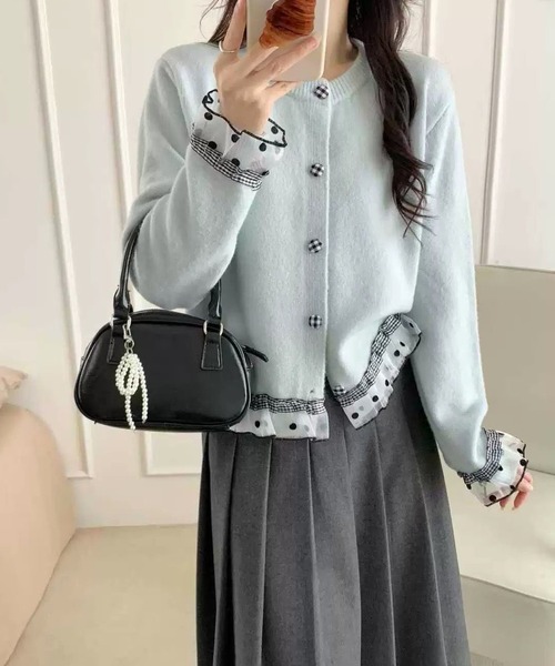 CANVAS+(キャンバスプラス)の「【CANVAS+】クロップド丈チェック×ドットフリルニットカーディガン(カーディガン/ボレロ・レディース・ホワイト/ライトグレー/サックスブルー/グレー・M)」の21枚目の写真
