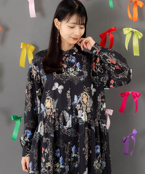 553282：ヴィンテージ風額縁柄シャツワンピース（ワンピース）｜iS