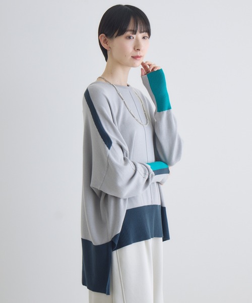 Paradise Picnic(パラダイスピクニック)の「配色ボックスシルエットニット(ニット/セーター・レディース・ライトグレー/ネイビー/アイボリー・FREE)」の2枚目の写真