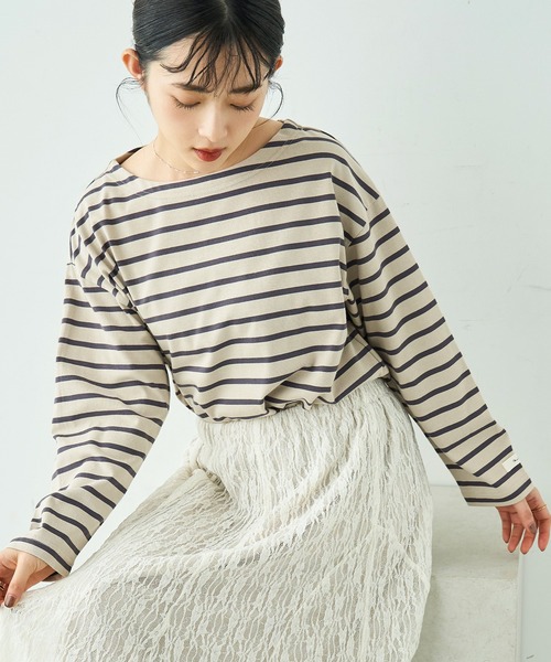 mil(ミル)の「ボーダー ロンT【586124】(Tシャツ/カットソー・レディース・ライトグリーン/ブラック/グレイッシュベージュ・XS/S)」の2枚目の写真