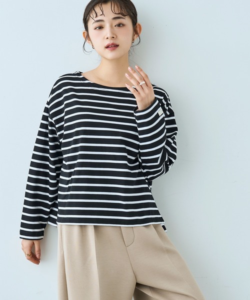 mil(ミル)の「ボーダー ロンT【586124】(Tシャツ/カットソー・レディース・ライトグリーン/ブラック/グレイッシュベージュ・XS/S)」の1枚目の写真