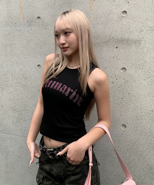 lilful（リルフル）の「【26年春夏新作】【カップ付き】ピンクラインストーンレタリングロゴタンクトップ（タンクトップ・レディース・ブラック/ホワイト/ピンク・F）」の10枚目の写真