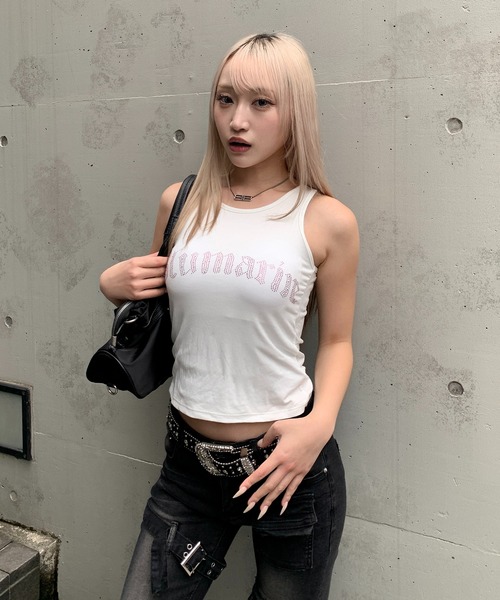 lilful（リルフル）の「【26年春夏新作】【カップ付き】ピンクラインストーンレタリングロゴタンクトップ（タンクトップ・レディース・ブラック/ホワイト/ピンク・F）」の6枚目の写真