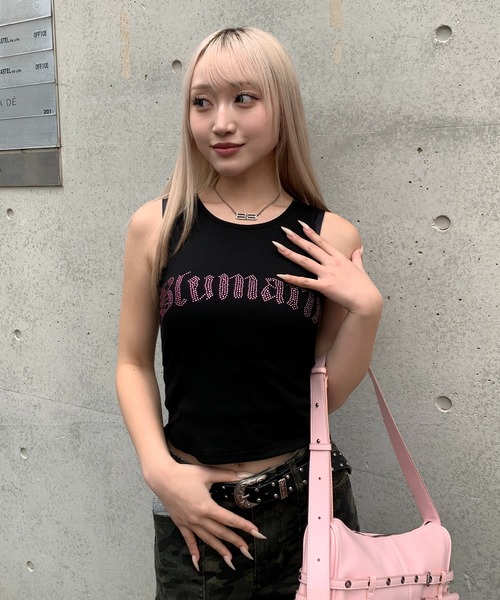 lilful（リルフル）の「【26年春夏新作】【カップ付き】ピンクラインストーンレタリングロゴタンクトップ（タンクトップ・レディース・ブラック/ホワイト/ピンク・F）」の11枚目の写真