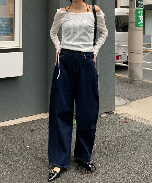 link lot(リンクロット)の「【バックゴム】ボーイフレンドリベットデニムカーブパンツ(デニムパンツ・レディース・サックスブルー/ブルー/インディゴブルー・F)」の4枚目の写真