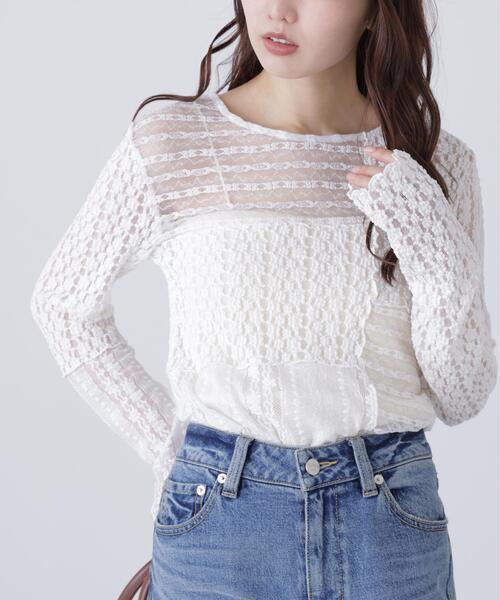 FREE'S MART（フリーズマート）の「◆パッチワークチュールレースカットソー（Tシャツ/カットソー・レディース・ブラック/ホワイト・FREE）」の2枚目の写真