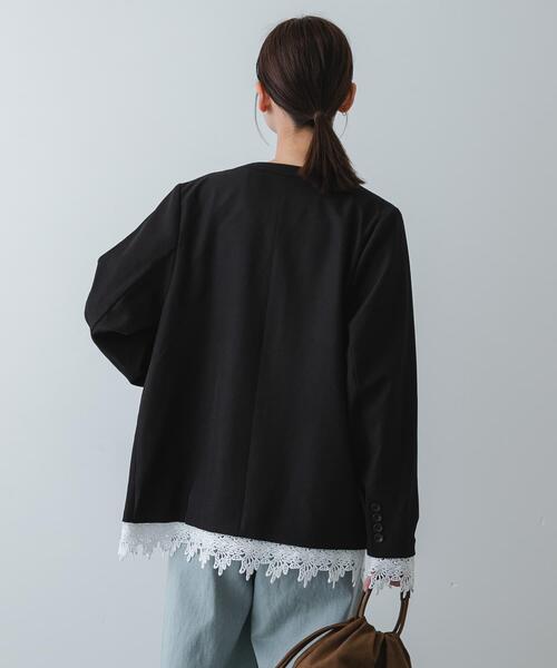 SENSE OF PLACE by URBAN RESEARCH（センスオブプレイスバイアーバンリサーチ）の「レースレイヤードノーカラージャケット（ノーカラージャケット・レディース・ベージュ/ブラック・ONE）」の5枚目の写真