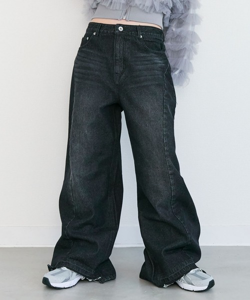 Tiny EDEN(タイニーエデン)の「パネル切り替えデニムワイドパンツ(デニムパンツ・レディース・ライトブルー/ブラック・S/M)」の5枚目の写真