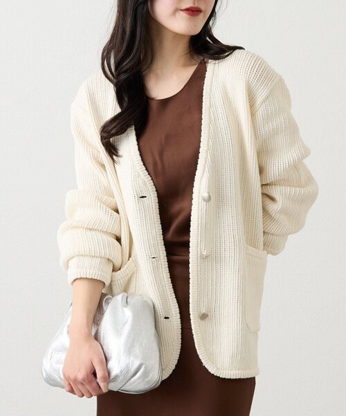 russet(ラシット)の「ノーカラーニットジャケット(カーディガン/ボレロ・レディース・アイボリー/ネイビー・FREE)」の1枚目の写真