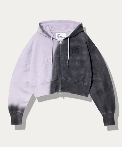 go slow caravan(ゴースローキャラバン)の「UNIQUEインレイ G/D 2TTONEスプレーカラー ZIPショートフーディー W(パーカー・レディース・レッド/ラベンダー/ターコイズブルー・FREE)」の3枚目の写真