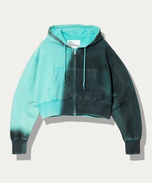go slow caravan(ゴースローキャラバン)の「UNIQUEインレイ G/D 2TTONEスプレーカラー ZIPショートフーディー W(パーカー・レディース・レッド/ラベンダー/ターコイズブルー・FREE)」の2枚目の写真