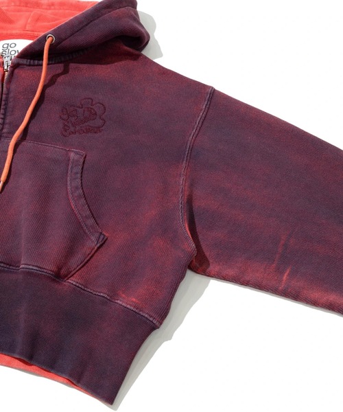 go slow caravan(ゴースローキャラバン)の「UNIQUEインレイ G/D 2TTONEスプレーカラー ZIPショートフーディー W(パーカー・レディース・レッド/ラベンダー/ターコイズブルー・FREE)」の7枚目の写真