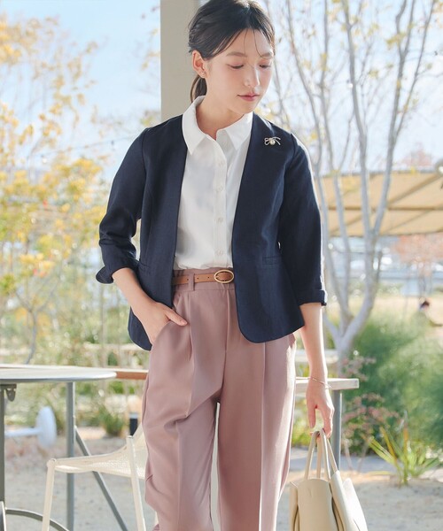 Tiaclasse(ティアクラッセ)の「カラーレスサマージャケット(ノーカラージャケット・レディース・ネイビー/グレー/ブラック/グレイッシュベージュ・XL/XXL)」の14枚目の写真