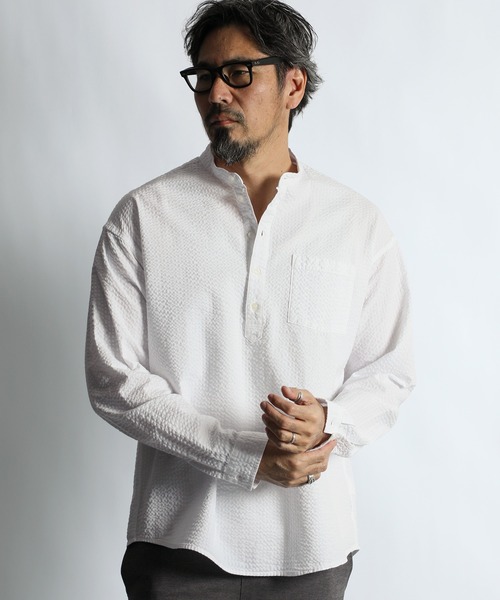 WEB限定アイテム】SEER SUCKER EFD OVERDYE BAND COLLAR SHIRT：シア