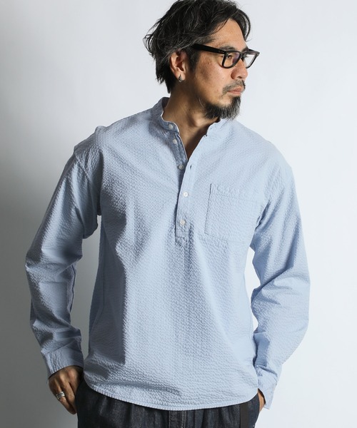 WEB限定アイテム】SEER SUCKER EFD OVERDYE BAND COLLAR SHIRT：シア